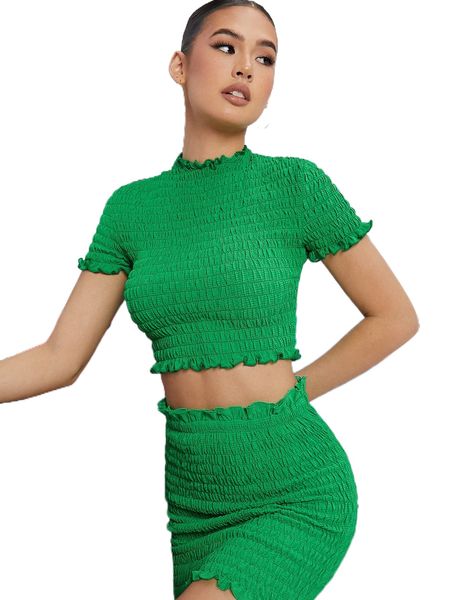 

shirred mock neck frill trim crop tee r5l8#, White
