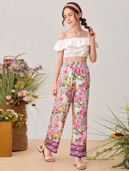 

teen girls ruffle trim off shoulder and floral pants set she, White
