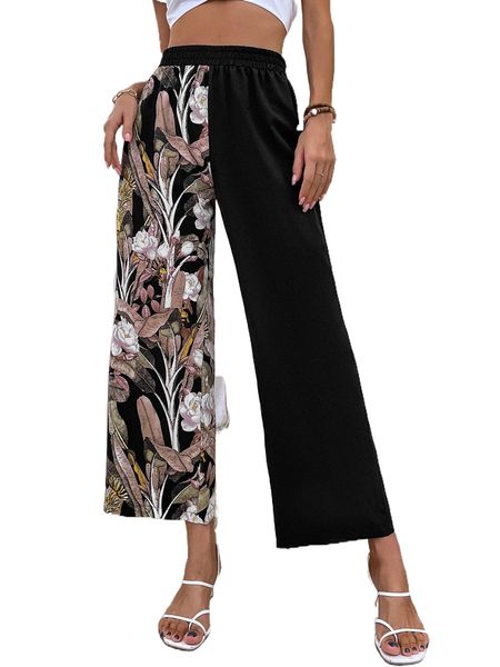 

floral print wide leg pants q7hx#, Black;white