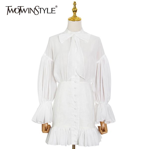 

elegant white lace up bowknot dress for women stand collar long sleeve mini dresses female fashion clothing 210423, Black;gray