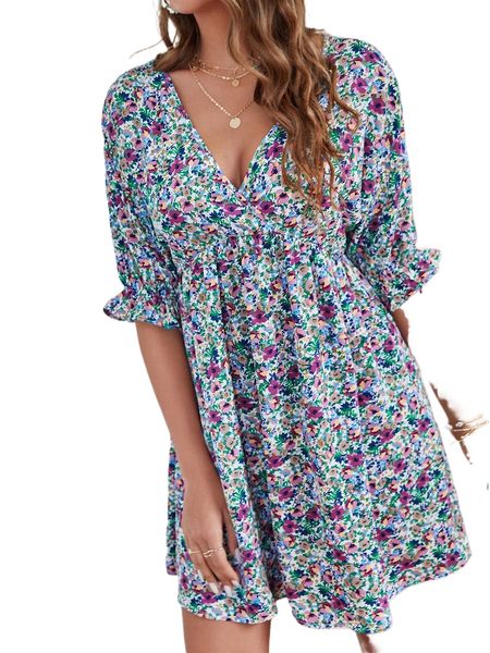 

allover floral print flounce sleeve a-line dress 42hc#, Black;gray
