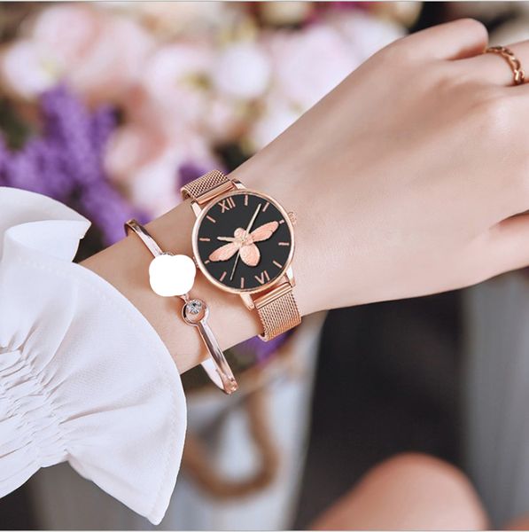 

new trendy women light luxury quartz watch female girls student bee design mesh belt concealed buckle wristwatch black color, Slivery;brown