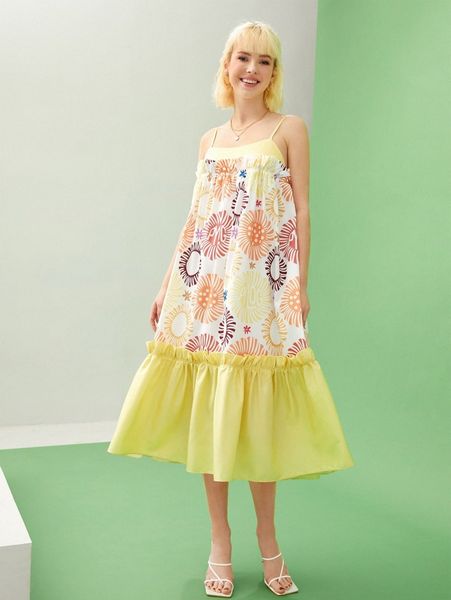 

x pylog floral print ruffle hem dress 94v0#, Black;gray