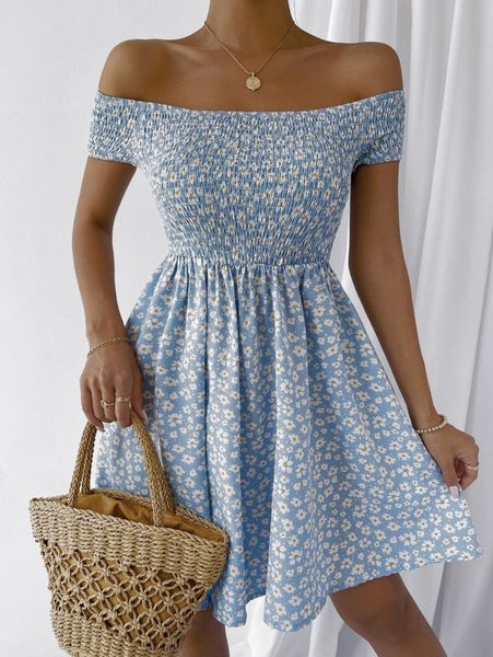 

off shoulder shirred ditsy floral dress c3x0#, Black;gray