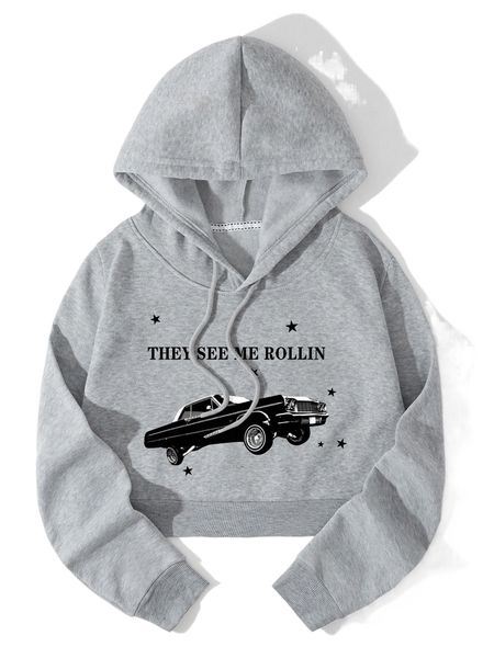 

car and slogan graphic drawstring crop thermal hoodie f5ub#, Black