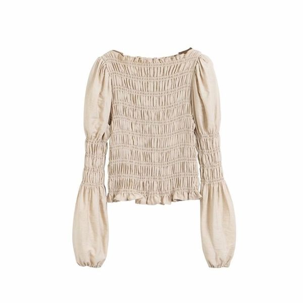 

new women solid elastic slim smock shirts blouses women puff sleeve pullover roupas agaric lace femininas chemise ls6468 201202, White
