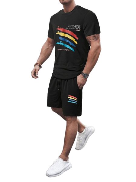 

men letter graphic tee & shorts h8of#, Gray
