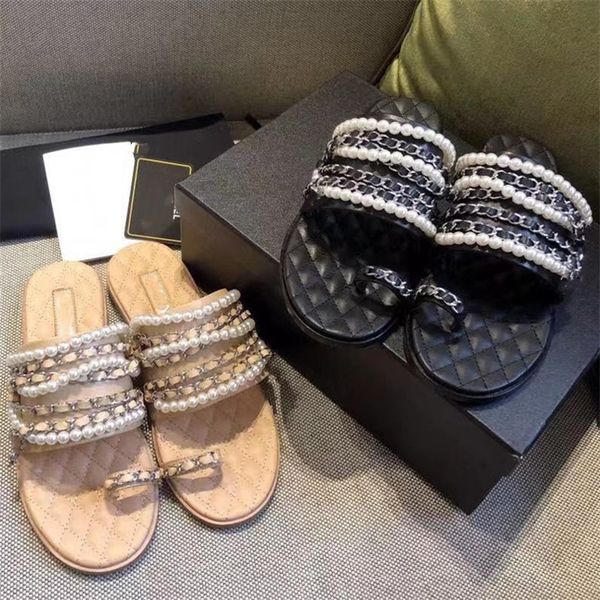 

30% off 2022 sandals pearl chain slippers women genuine leather flats summer beach slides flip flops chic luxury brand new design woman shoe, Black