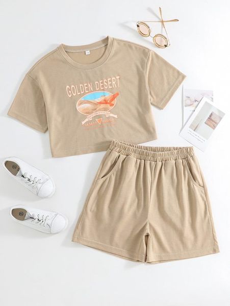 

girls eagle and slogan graphic tee & shorts she, White