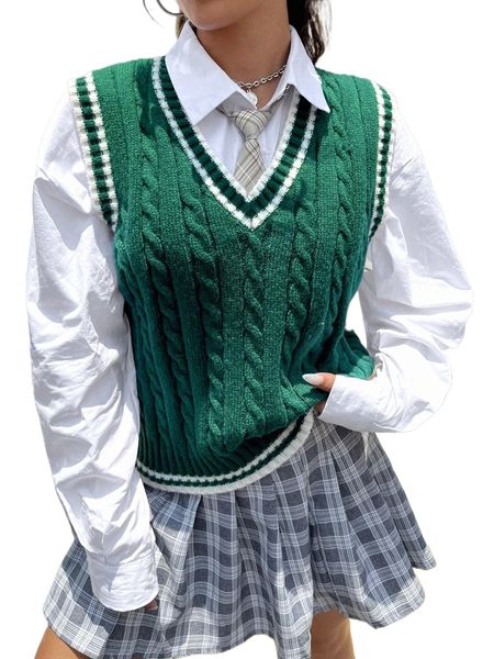 

1pc cable knit v-neck cricket sweater vest 49su#, White;black