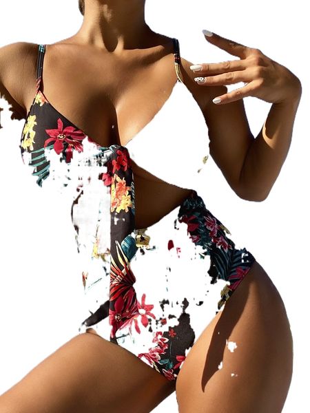 

random tropical print cut out tie front one piece swimsuit n4n6#, White;black