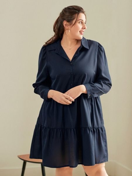 

plus ruffle hem puff sleeve shirt dress 09o7#, Black