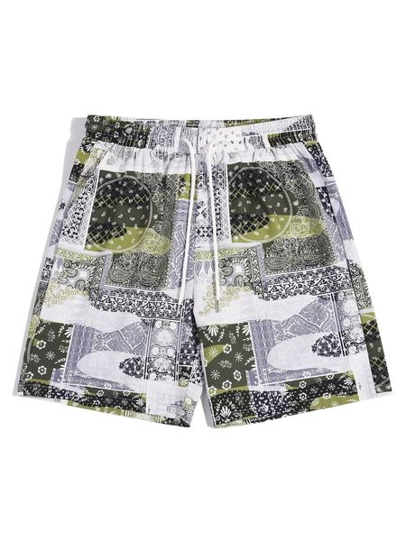 

romwe guys paisley print drawstring shorts 18jk#, White;black