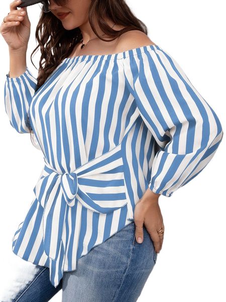 

plus striped bishop sleeve off shoulder tie front blouse 499j#, Black