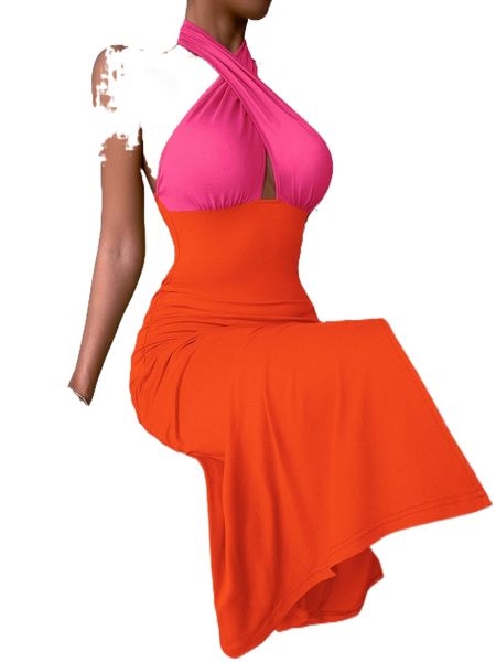 

backless wrap cross split thigh halter dress g0b3#, Black;gray