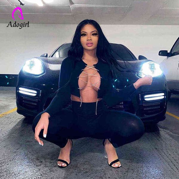 

women's t-shirt diamonds chain lace up crop summer long sleeve night club t t220823, White