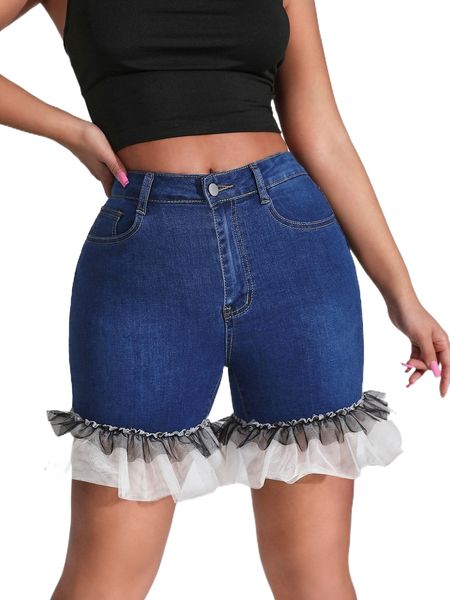 

contrast mesh ruffle hem denim shorts x8ql#, White;black