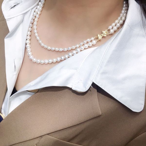 Handgeknüpfte Halskette, natürliche 5–6 mm, 7–8 mm, doppellagige weiße Süßwasserperlenkette, 2 Reihen, Halsband 17–19 Zoll