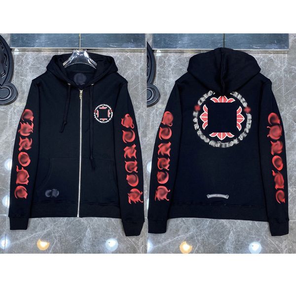

mens fashion loose sweatshirts classic brand ch designer hoodie horseshoe sanskrit print luxury zipper jacket pullover hooded coat women sw, Black