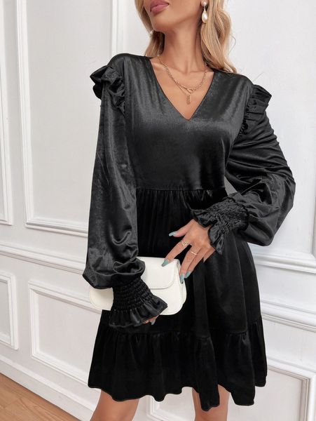 

shirred lantern sleeve ruffle hem velvet smock dress i2l8#, Black;gray