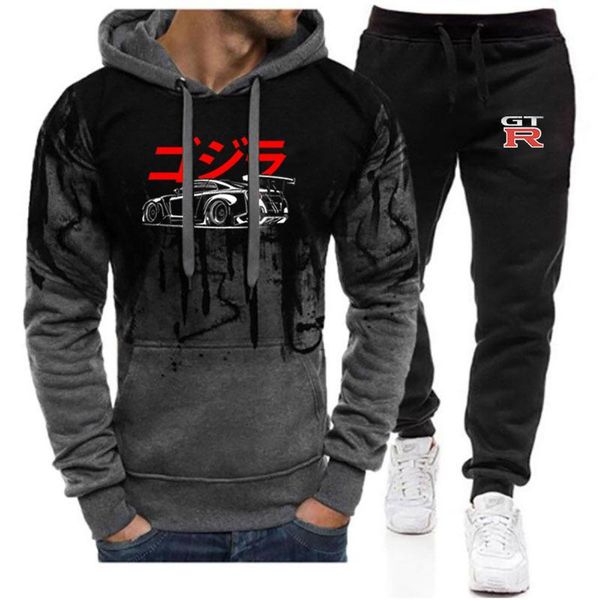 

men's tracksuits men's tracksuits 2022 nissan gtr shirt mens hooded sweater hoodie + pants two piece suit tracksuit gradient casua, Gray