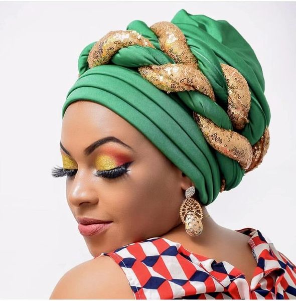 

african headtie arab wrap twist turban women muslim instant hijab sequin braid head wrap scarf shimmer pleated beanie auto gele 220813, Blue;gray