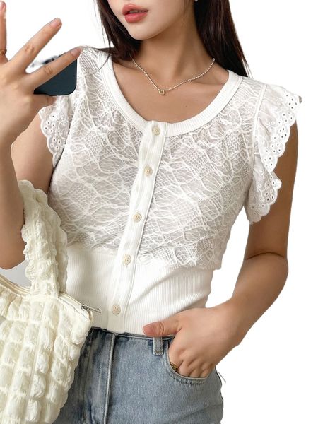 

dazy eyelet embroidery button front tee q2af#, White