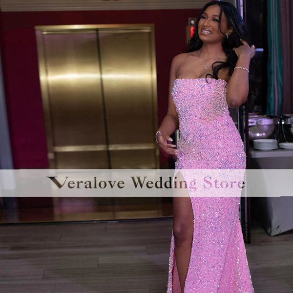 

strapless prom dresses for women 2022 pink sequins mermaid evening gowns african outfit party gowns, Black