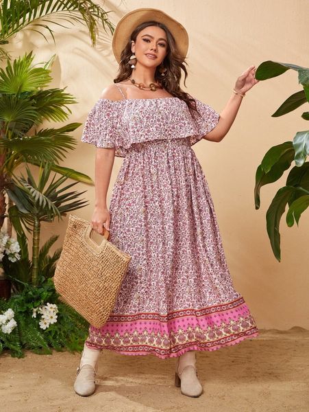 

plus cold shoulder foldover front floral print dress 11hy#, Black