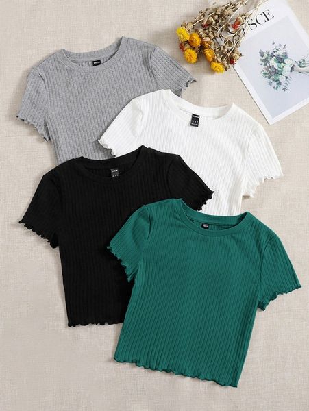 

4pcs lettuce trim rib knit tee c66j#, White