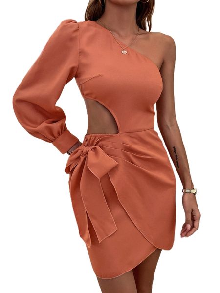 

one shoulder bishop sleeve cut out tie side wrap hem dress q9bl#, Black;gray