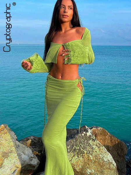 

cryptographic elegant fashion long sleeve see through cutout cropped cardigan maxi skirt 2 pieces sets outfits women dress sets t220729, Gray