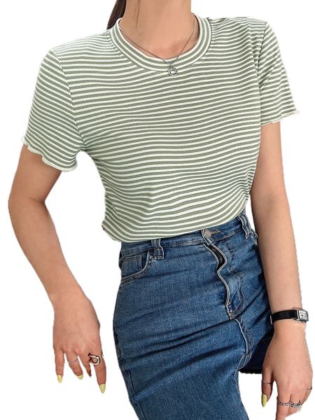 

dazy striped print lettuce trim tee t4lw#, White