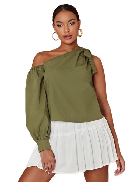 

knot detail asymmetrical neck blouse s7ls#, White