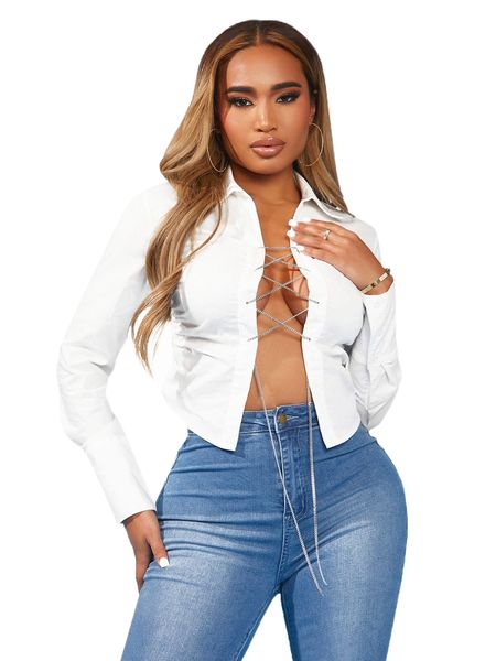 

sxy chain lace up front blouse i6h5#, White