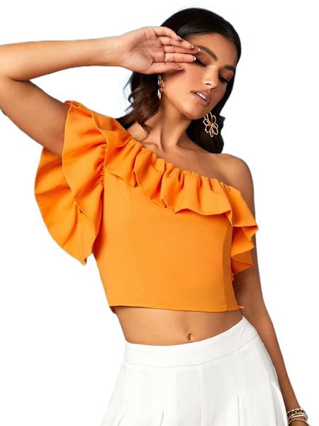 

one shoulder ruffle trim crop y4ec#, White