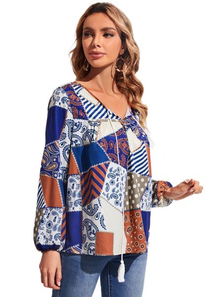 

emery rose patchwork print tie neck blouse k90o#, White