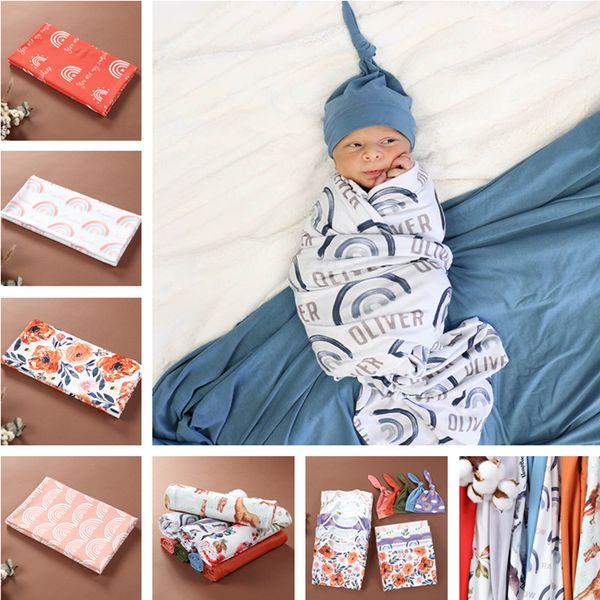 Newborn Baby Swaddle Одеяло лук повязка повязки или шляпу 2 шт. Спальные мешки Цветочные Радуги Печатные Обертывания INS INS INS ModeLer Мультфильм Спящие Смазы Акула Фотография ROP 24 Стили M4095