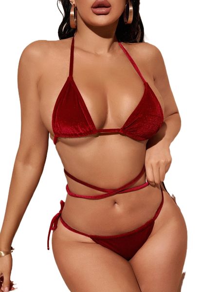 

sxy solid lace up triangle tie side bikini swimsuit c2fs#, White;black