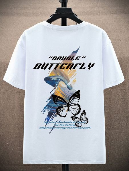 

men slogan and butterfly print drop shoulder tee c2yz#, White;black