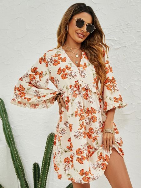 

allover floral print ruffle trim dress u4oz#, Black;gray