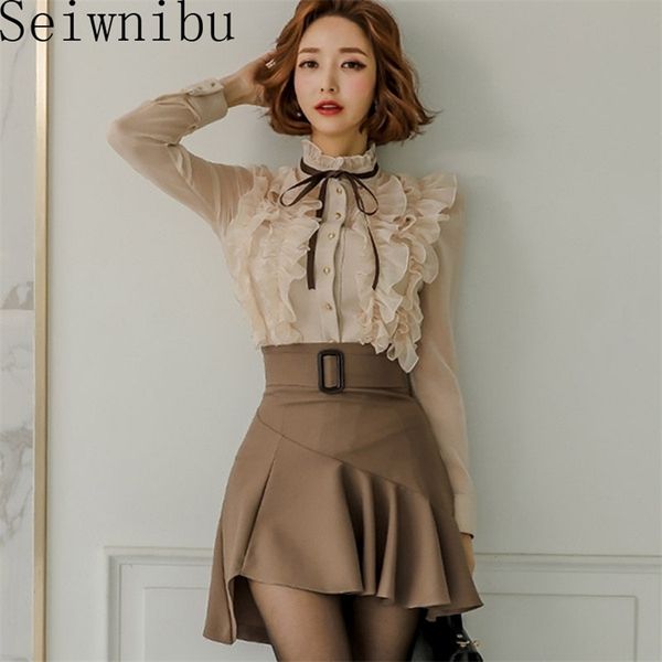 A nova deusa da moda de outono define as mulheres perspectiva de babados chiffon tops alta cintura mini faixas coreanas saia feminina feminina t200325