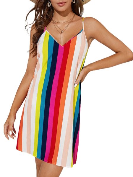 

tall colorful striped cami dress 68rx#, Black;gray