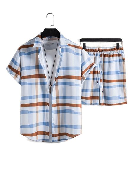 

men random plaid print shirt & drawstring waist shorts without d5th#, Gray