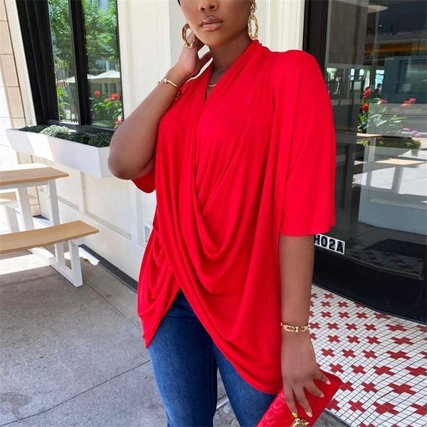 

half sleeve v neck irregular t shirt summer elegant runway tee 210702, White