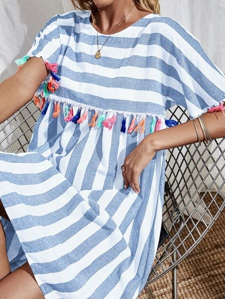 

striped fringe trim smock dress t8rr#, Black;gray