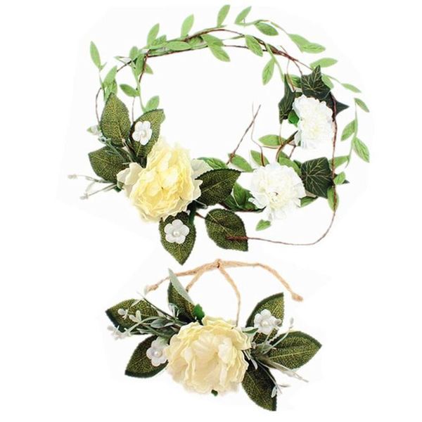 QDecor dekorative Blumenkränze, weiße Damen-Blumen-Prinzessin, Kronen-Kopf-Kranz, Armband-Set, Damen-Kunstschaum, Hochzeit, Brautarmband