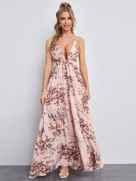 

criss cross backless floral maxi dress x1lf#, Black;gray