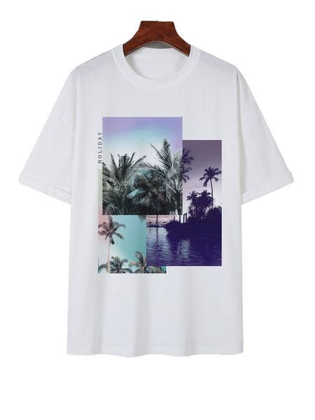 

men coconut tree & letter graphic drop shoulder tee q1j8#, White;black