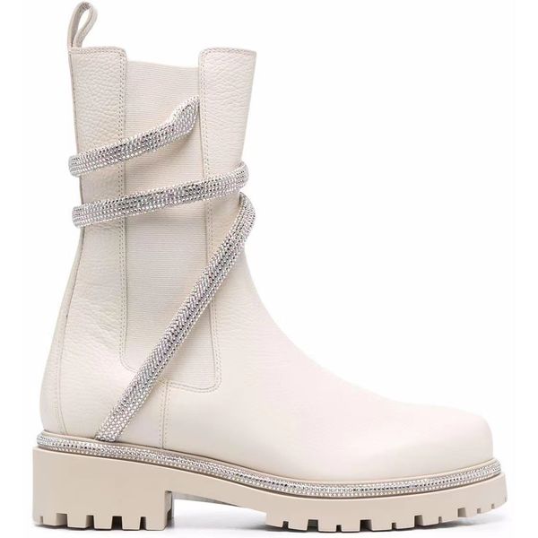 

rhinestone snake strass wraparound chunky half boots white leather womens low heel martin boots heavy duty luxury designer brands for women, Black